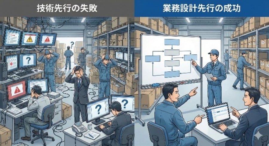 「技術先行の失敗」と「業務設計先行の成功」を対比させた図